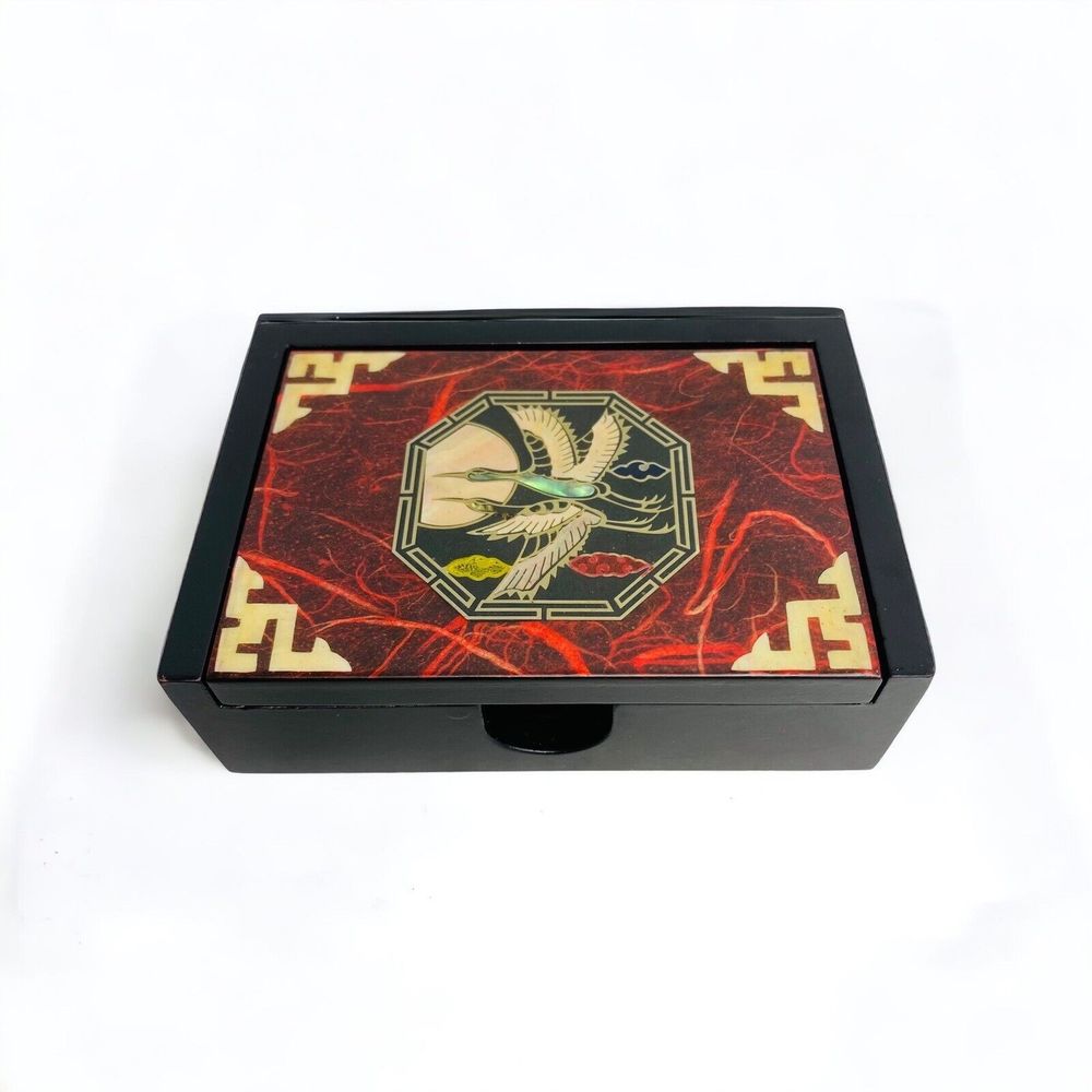 Mother-of-Pearl Inlaid Lacquer Business Card Holder Box Korea Birds Black Red